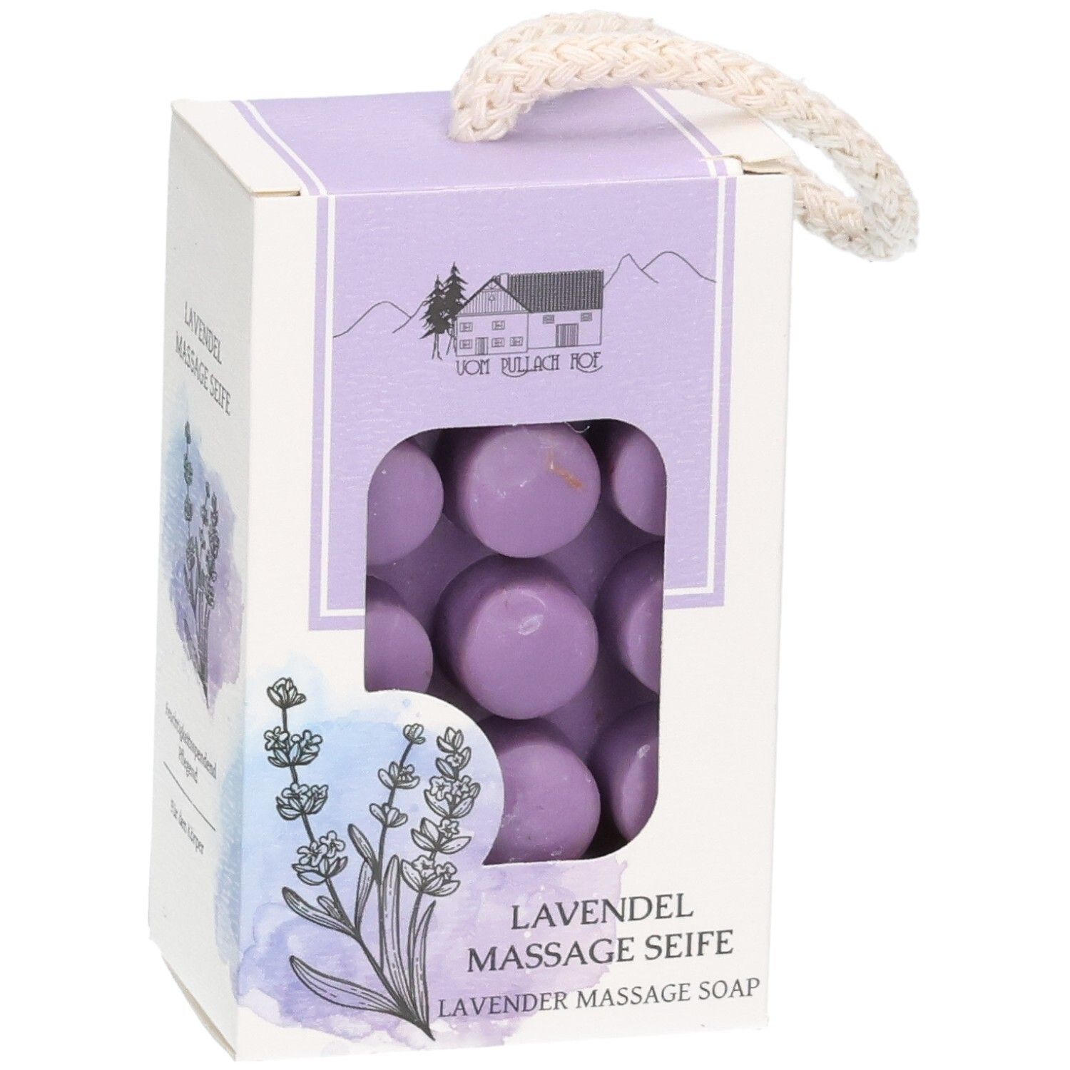 Lavendel Massage Seife in runder Form, verpackt in einer Kartonschachtel mit Sichtfenster.