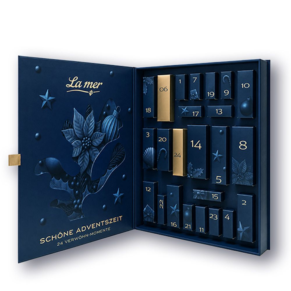 Geöffneter La Mer Adventskalender mit 24 nummerierten Fächern.