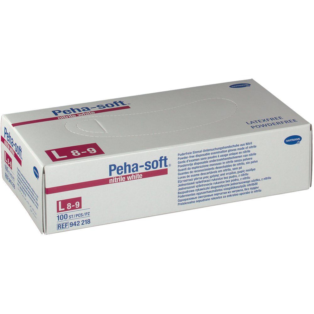 Weißer Karton mit Aufschrift Peha-soft nitrile white. Größe L 8-9. 100 Stück. Latex- und puderfrei.