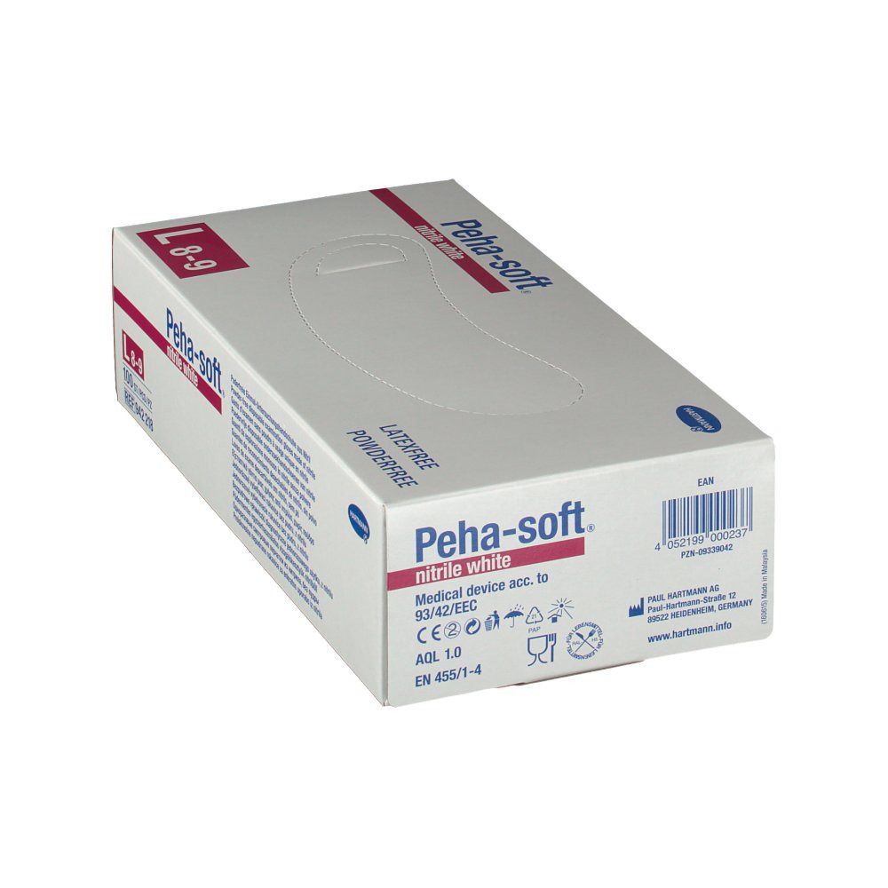 Weißer Karton mit Peha-soft nitrile white. Größe L 8-9. Latex- und puderfrei. Medizinprodukt.