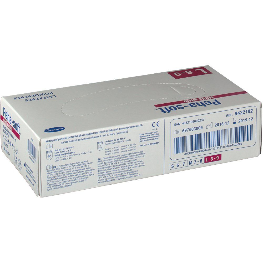 Weißer Karton mit Peha-soft nitrile white. Größe L 8-9. 100 Stück. Latex- und puderfrei. CE-Kennzeichnung.