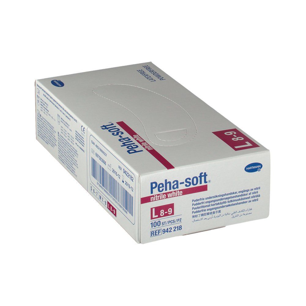 Weißer Karton mit Peha-soft nitrile white. Größe L 8-9. 100 Stück. Latex- und puderfrei. REF 942 218.