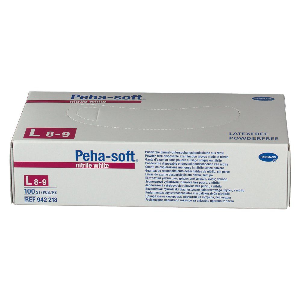 Weißer Karton mit Peha-soft nitrile white. Größe L 8-9. 100 Stück. Latex- und puderfrei. REF 942 218.