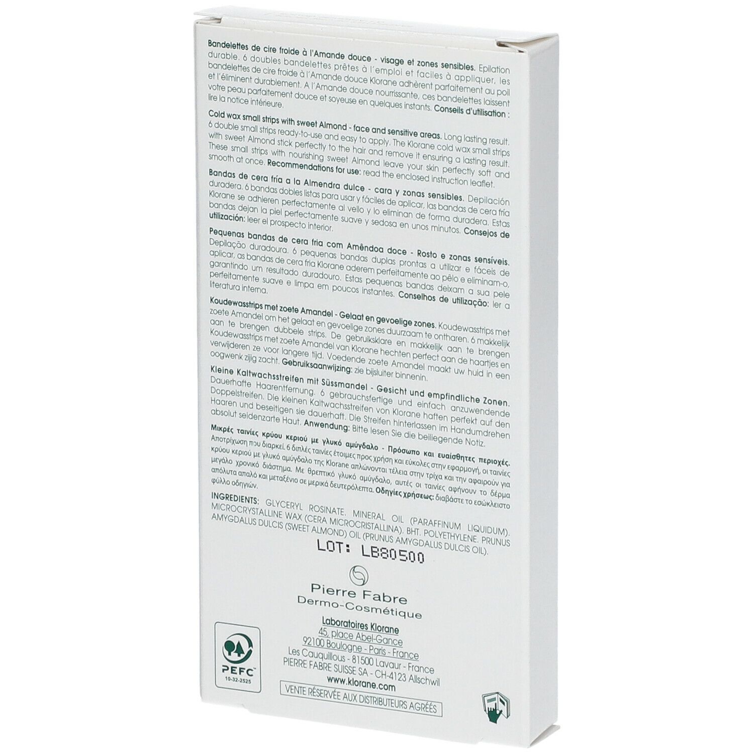 Rückseite der Klorane-Verpackung mit Kaltwachsstreifen für das Gesicht. Text in mehreren Sprachen. Inhaltsstoffe.