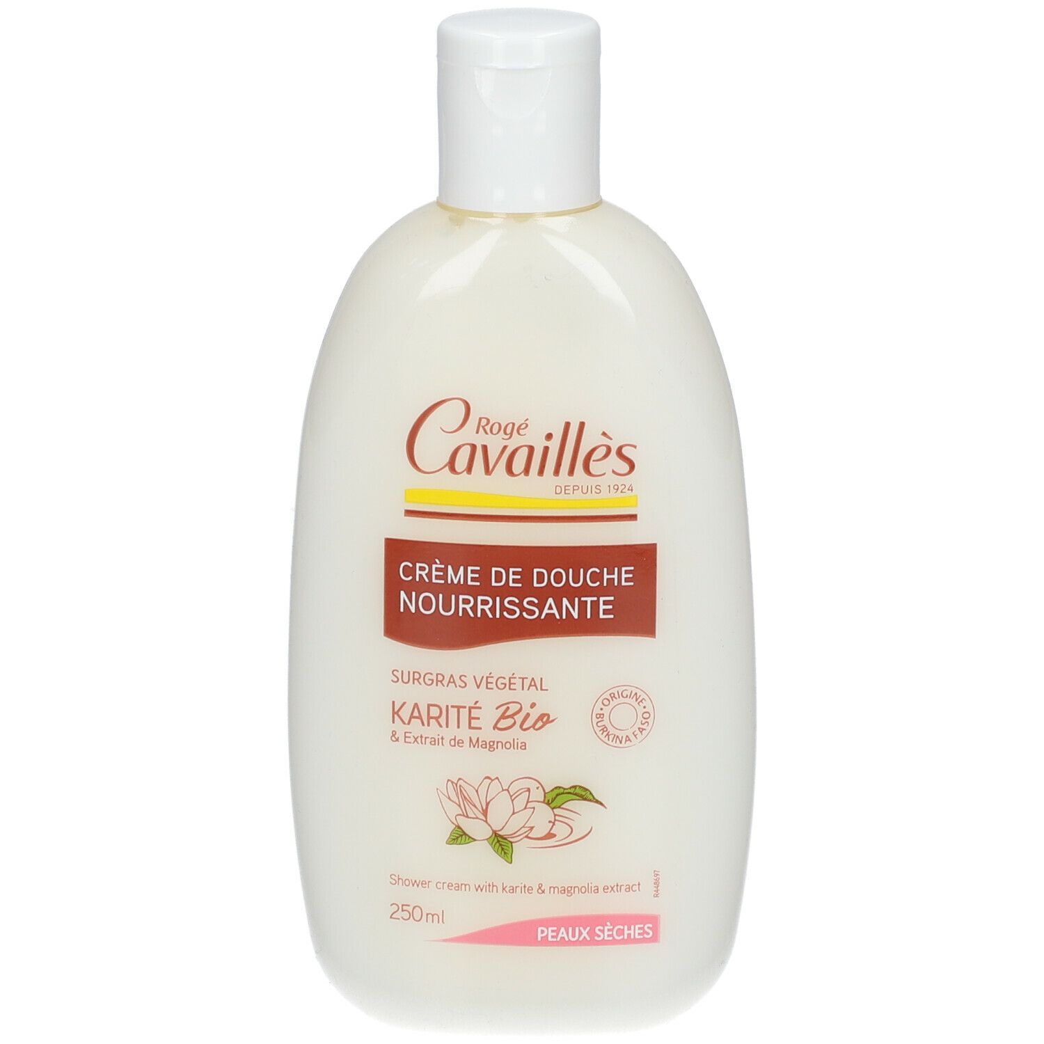 Weißliche Flasche mit weißem Deckel. Aufschrift: Rogé Cavaillès, Crème de Douche Nourrissante, Karité Bio. Für trockene Haut.