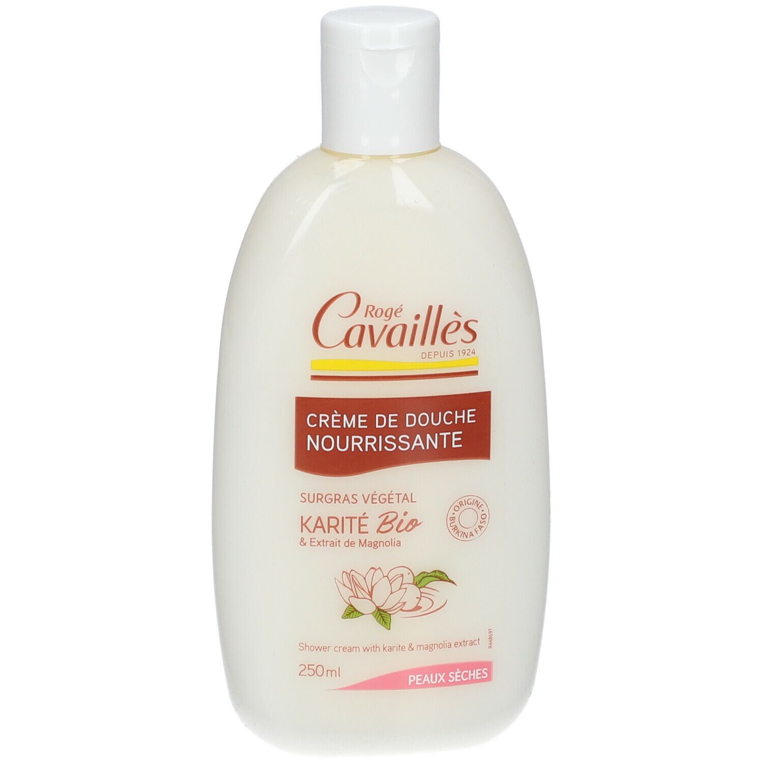 Weißliche Flasche mit weißem Deckel. Aufschrift: Rogé Cavaillès, Crème de Douche Nourrissante, Karité Bio. Für trockene Haut.