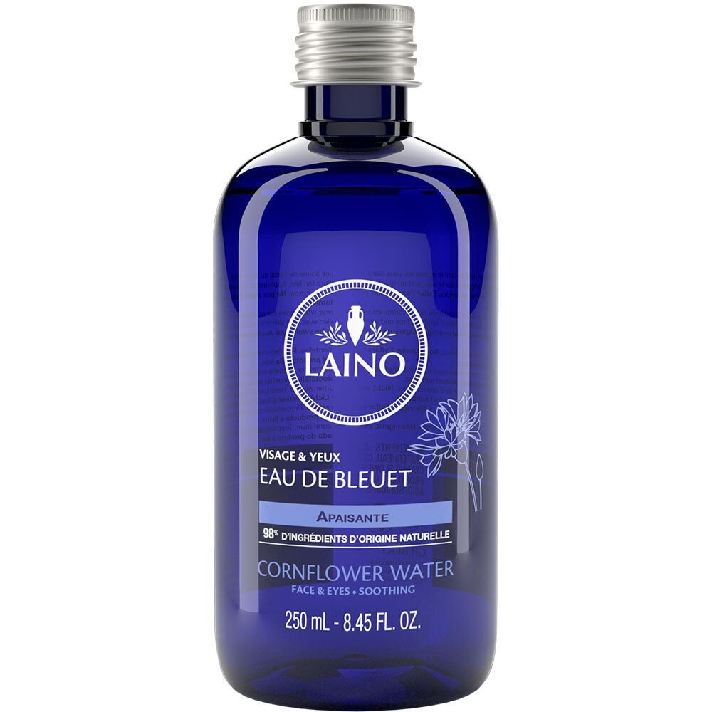 Blaue Flasche mit silbernem Deckel. Aufschrift: Laino, Eau de Bleuet, Cornflower Water. 250 ml.