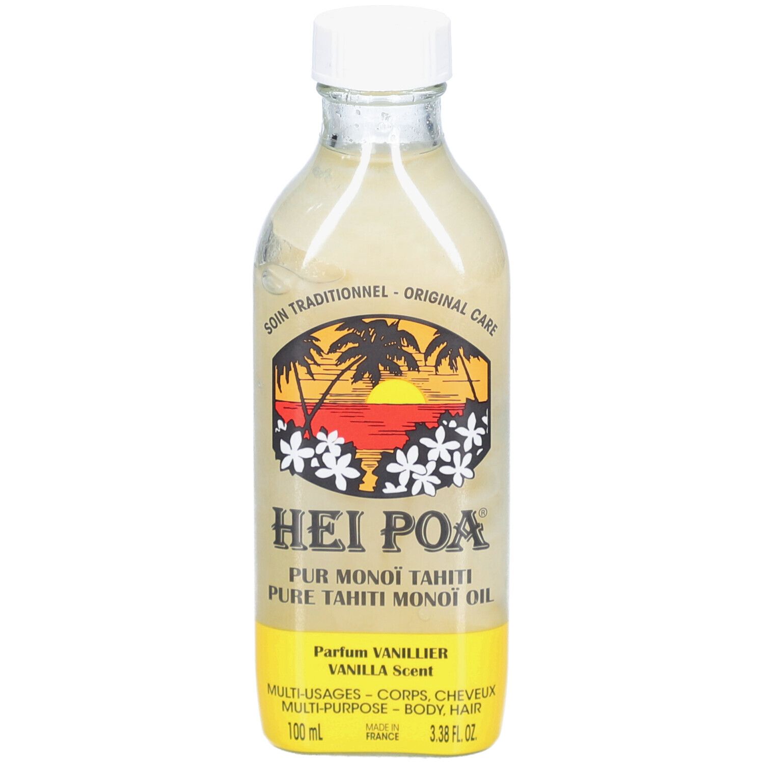 HEI POA® Vanille Öl Flasche. Gelbes Etikett mit Logo und Text. Transparente Flasche mit weißem Deckel.