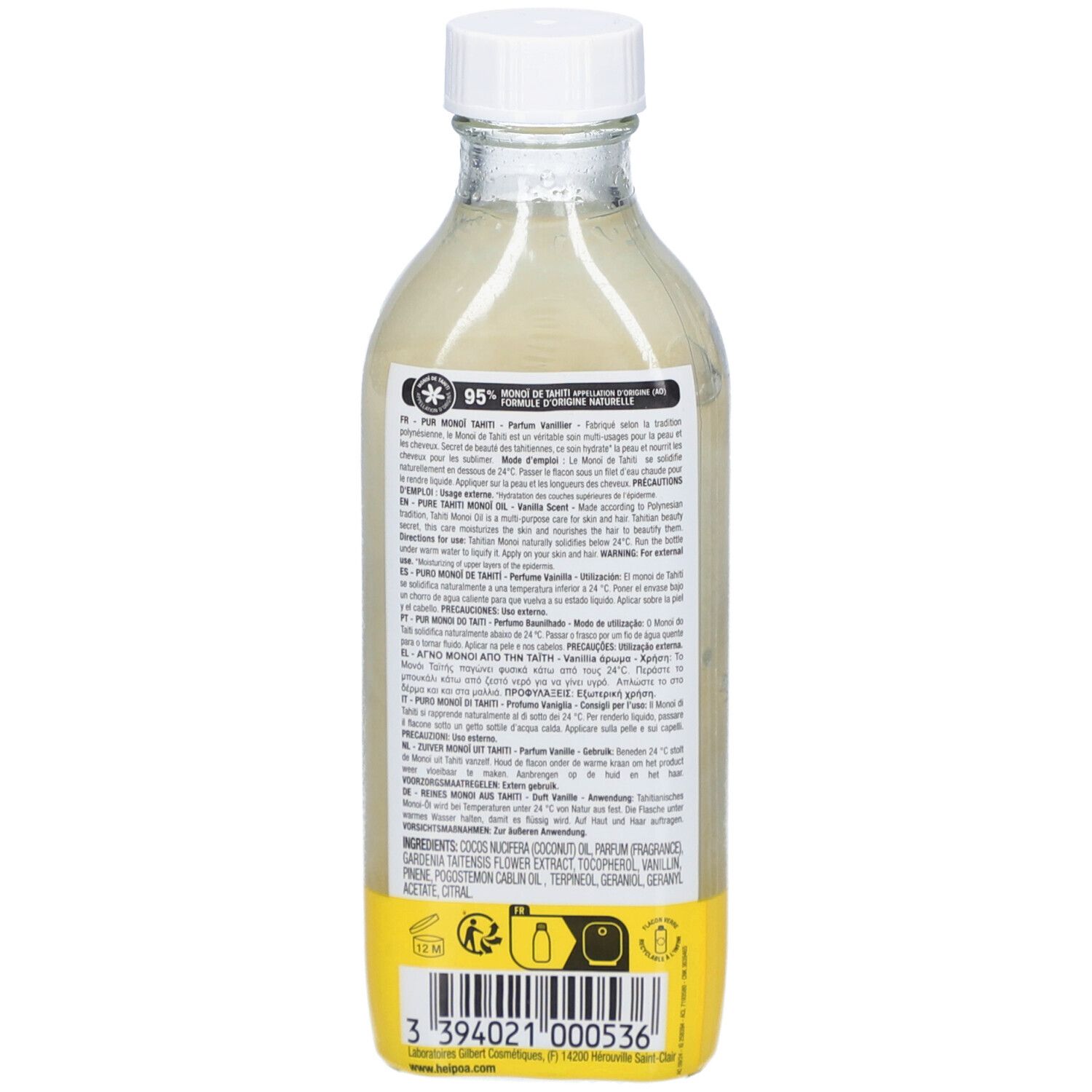 Rückseite der HEI POA® Vanille Öl Flasche. Gelbes Etikett mit Text und Logo. Transparente Flasche mit weißem Deckel.