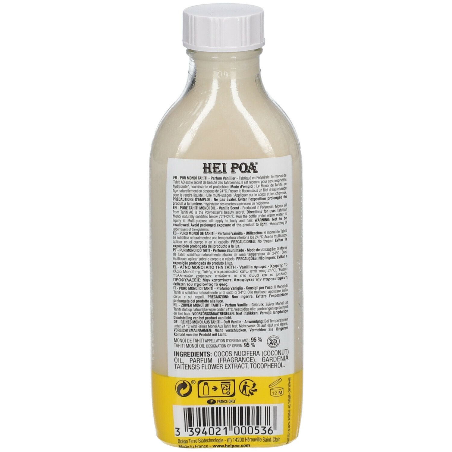 Rückseite der HEI POA® Vanille Öl Flasche. Gelbes Etikett mit Text und Logo. Transparente Flasche mit weißem Deckel.