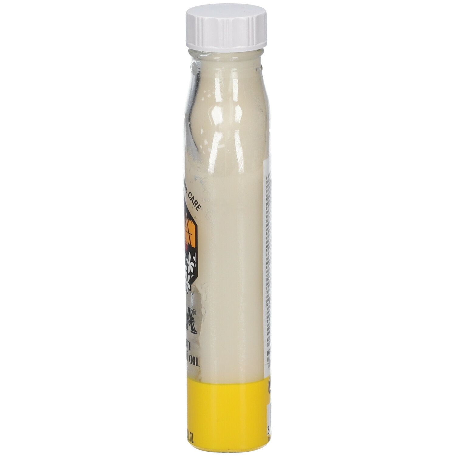HEI POA® Vanille Öl Flasche. Gelbes Etikett. Transparente Flasche mit weißem Deckel. Seitenansicht.
