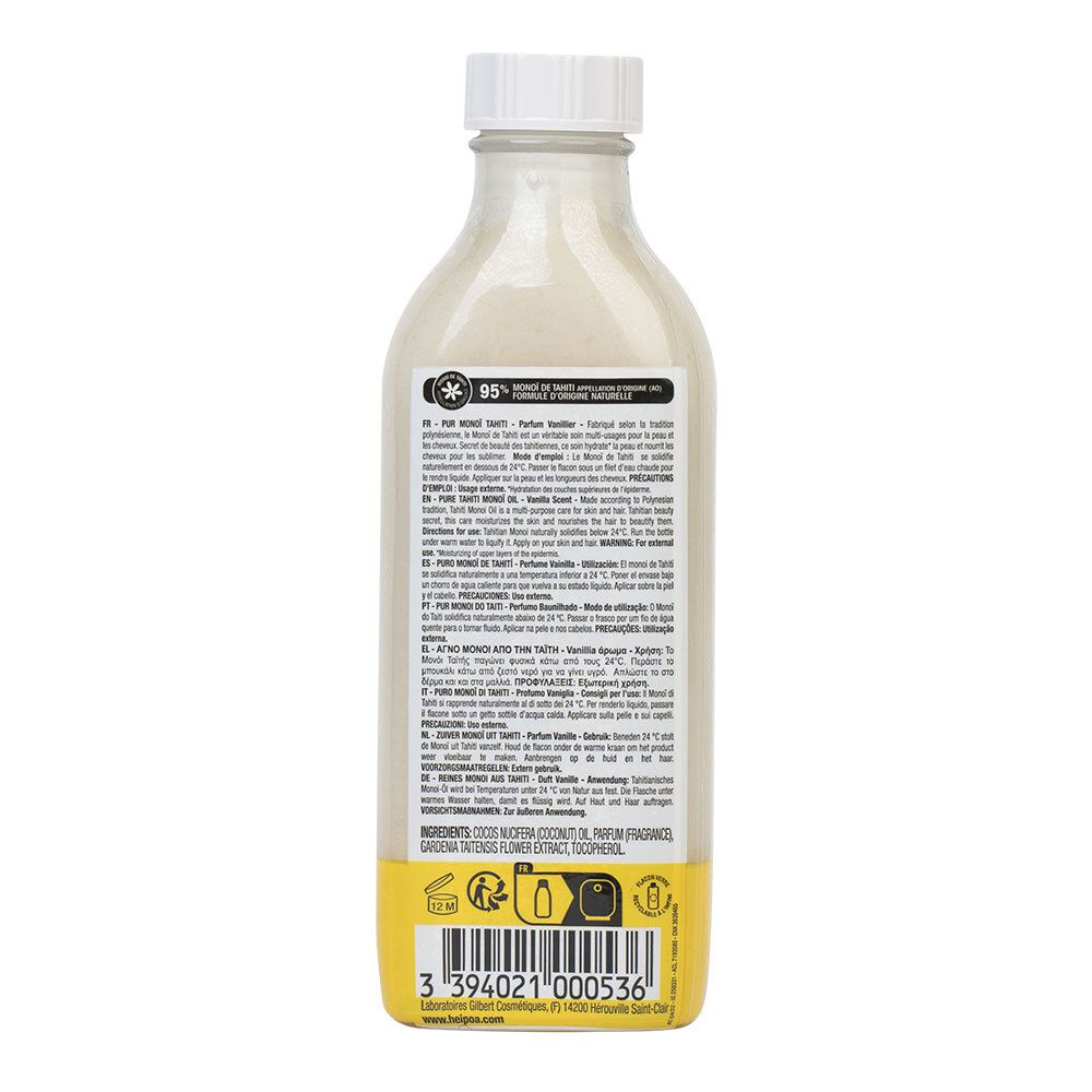 Rückseite der Flasche HEI POA® Vanille Öl. Weißliche Flüssigkeit. Etikett mit Text, Inhaltsstoffen und 95% natürlichen Ursprungs.