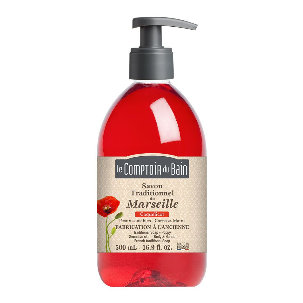 Rote Flüssigseife in einer Flasche mit Pumpe. Etikett mit Produktnamen, Mohnblume und Text. 500 ml.