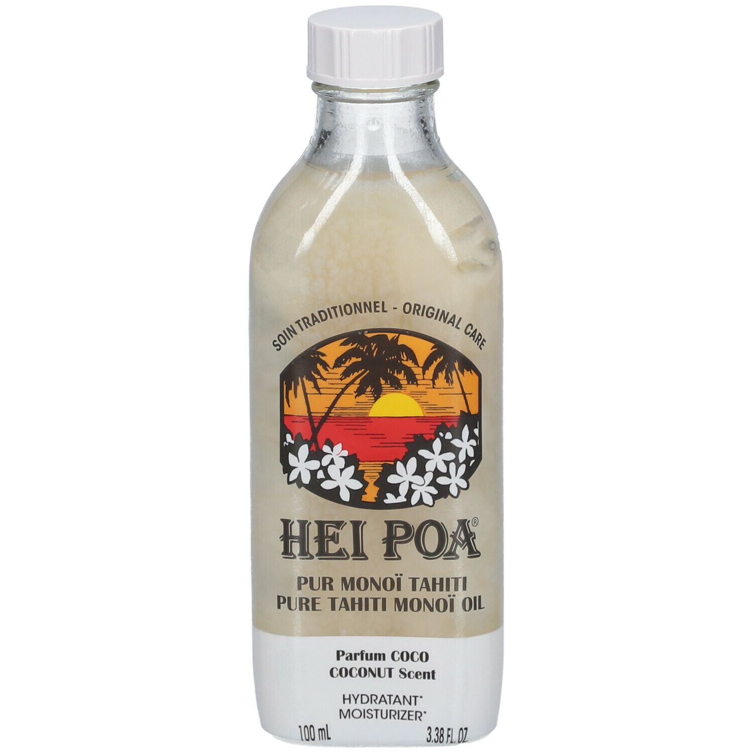 Hei Poa Monoi-Öl. Glasflasche mit weißem Deckel. Etikett mit Logo, Text und Kokosnuss-Duft. 100 ml.