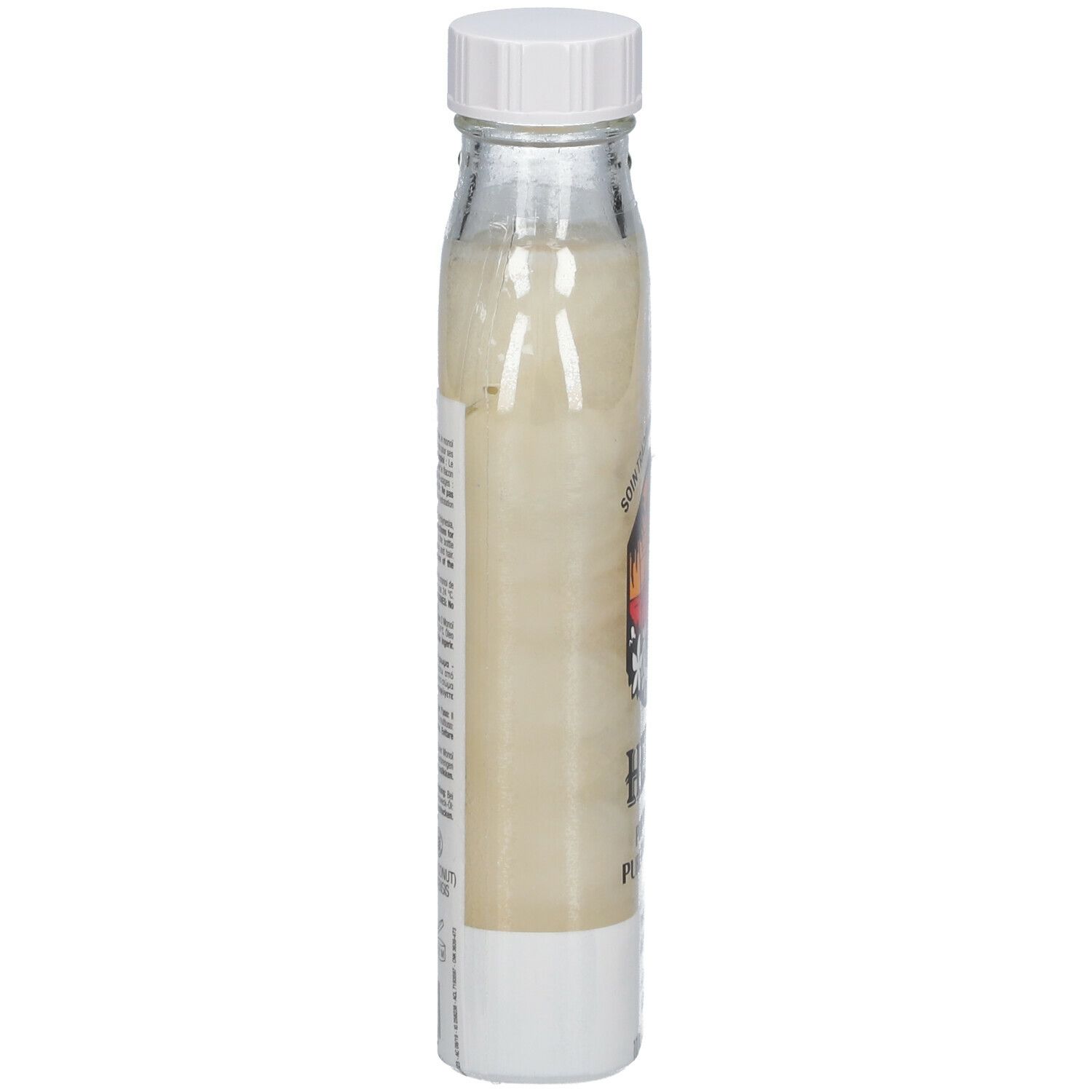 Hei Poa Monoi-Öl. Zylindrische Glasflasche mit weißem Deckel. Produkt sichtbar. Etikett mit Text.