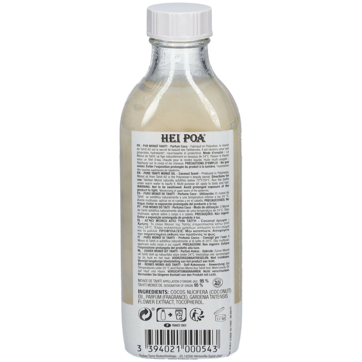 Hei Poa Monoi-Öl. Rückseite der Glasflasche mit weißem Deckel. Text und Inhaltsstoffe sichtbar.