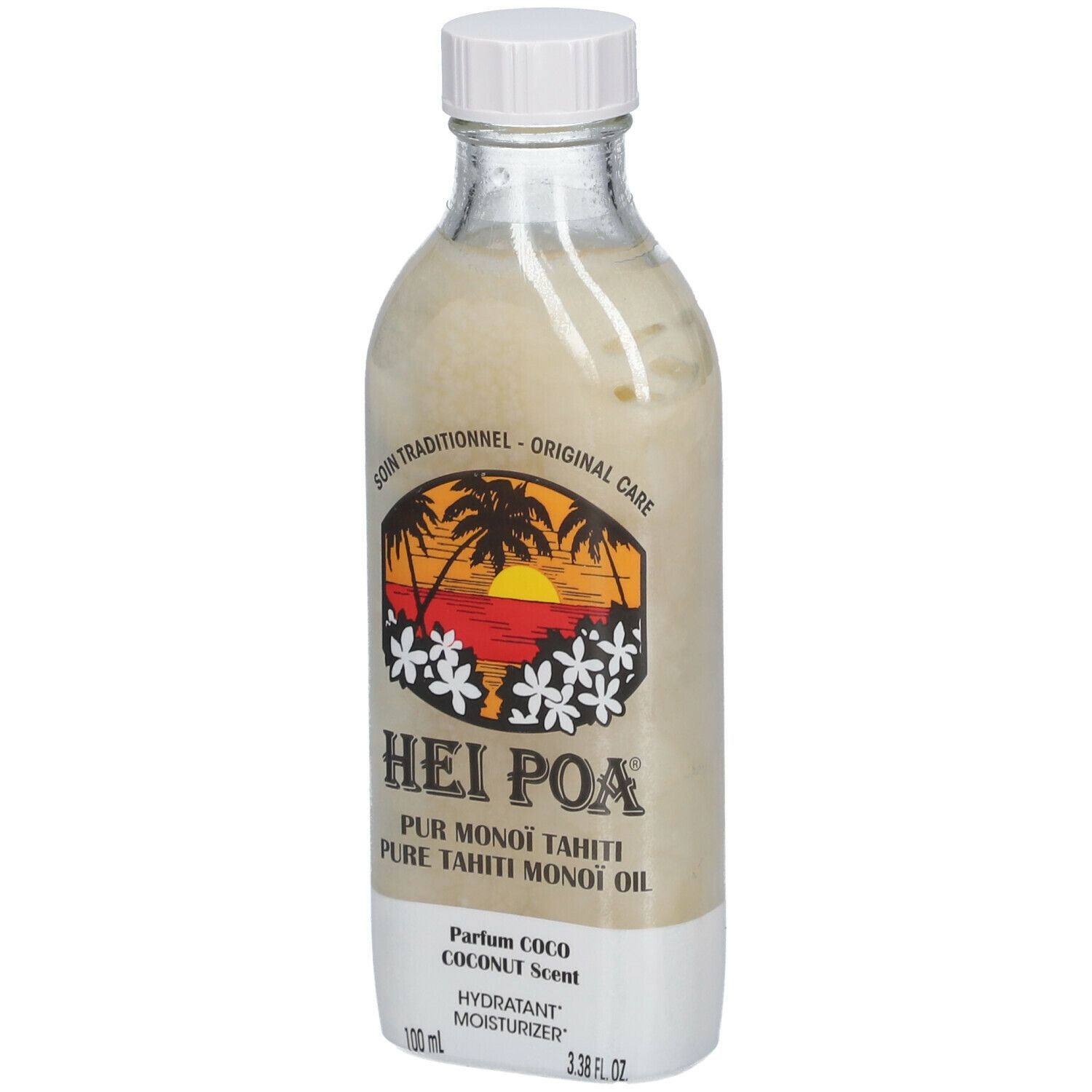 Hei Poa Monoi-Öl. Glasflasche mit weißem Deckel. Etikett mit Logo, Text und Kokosnuss-Duft. 100 ml.