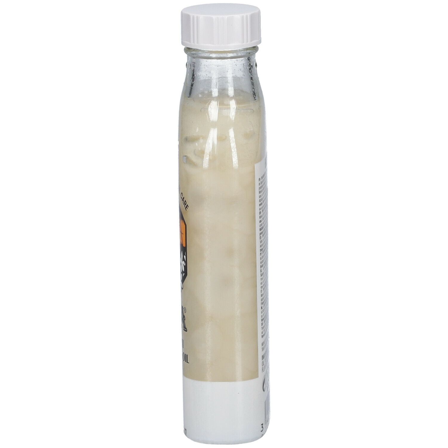 Hei Poa Monoi-Öl. Zylindrische Glasflasche mit weißem Deckel. Produkt sichtbar. Etikett mit Text.