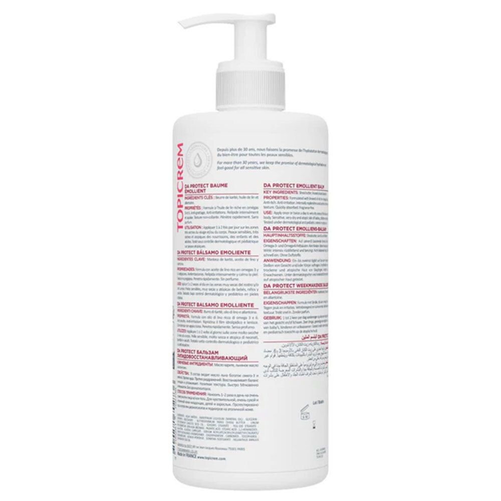 Rückseite einer weißen Flasche mit Pumpverschluss. Text in mehreren Sprachen. Marke TOPICREM.