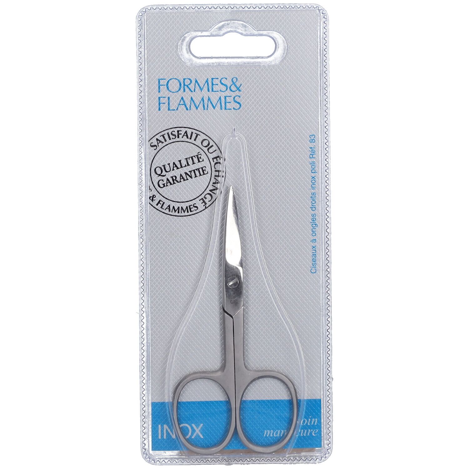 Nagelschere gerade, Edelstahl, in Blisterverpackung. Marke Formen & Flammen, Qualitätsgarantie.