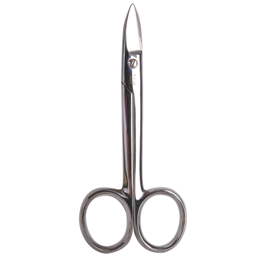 Nagelschere aus Metall mit abgerundeten Griffen und spitzer Spitze.