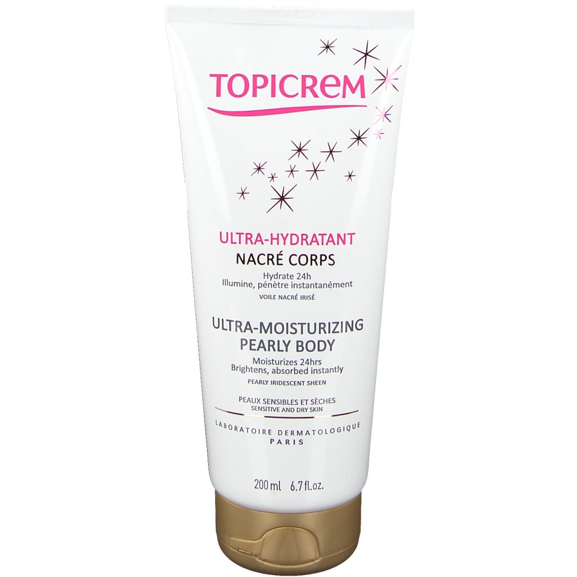 Weiße Tube mit rosa Aufdruck. TOPICREM-Logo, Produktname und Text. Goldfarbener Verschluss. "Ultra-Hydratant Nacré Corps".