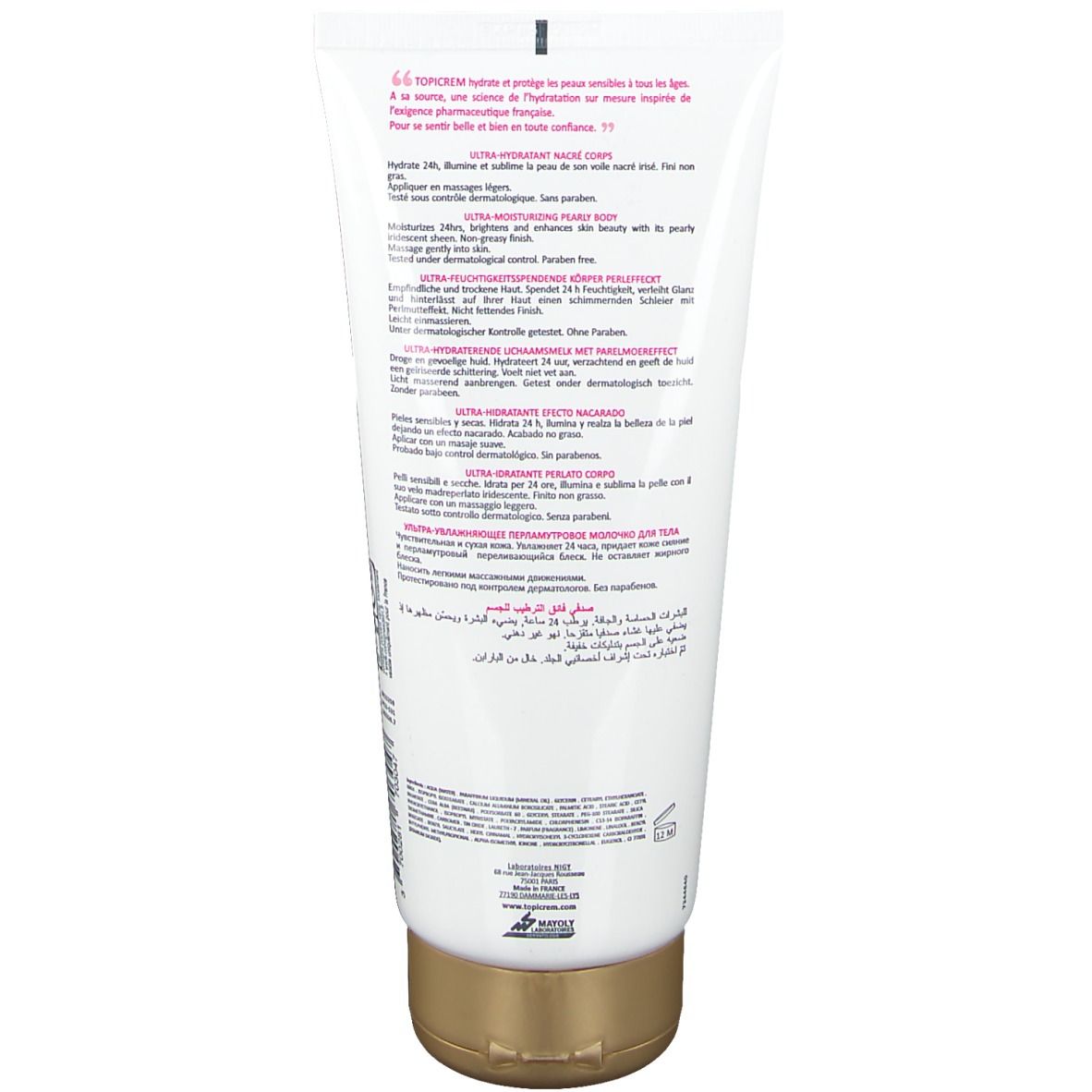 Rückseite der weißen Tube. Text in mehreren Sprachen. Goldfarbener Verschluss. Dermatologisch getestet.
