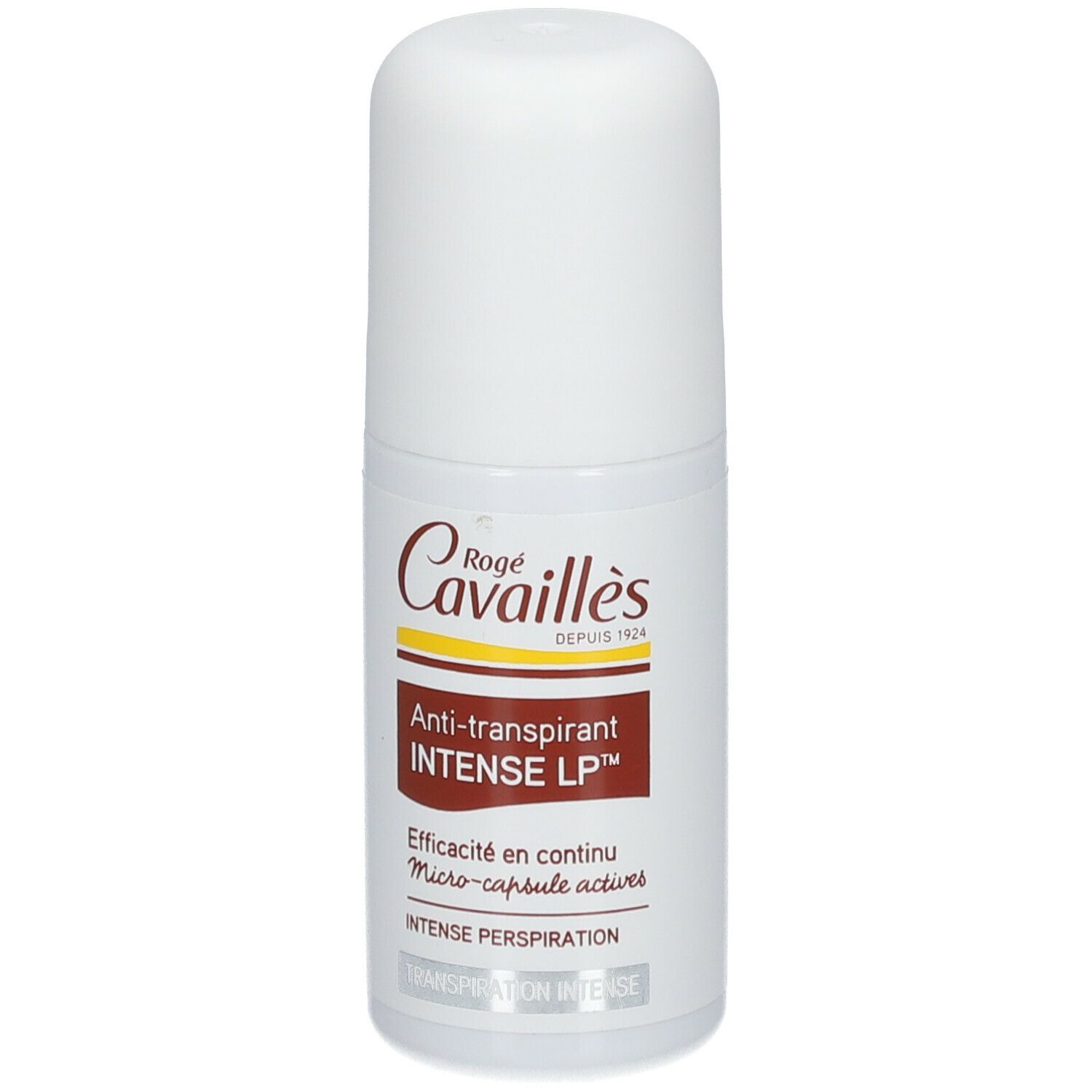 Weißer Roll-on-Deo von Rogé Cavaillès. Brauner Aufkleber mit Text: Anti-transpirant INTENSE LP.