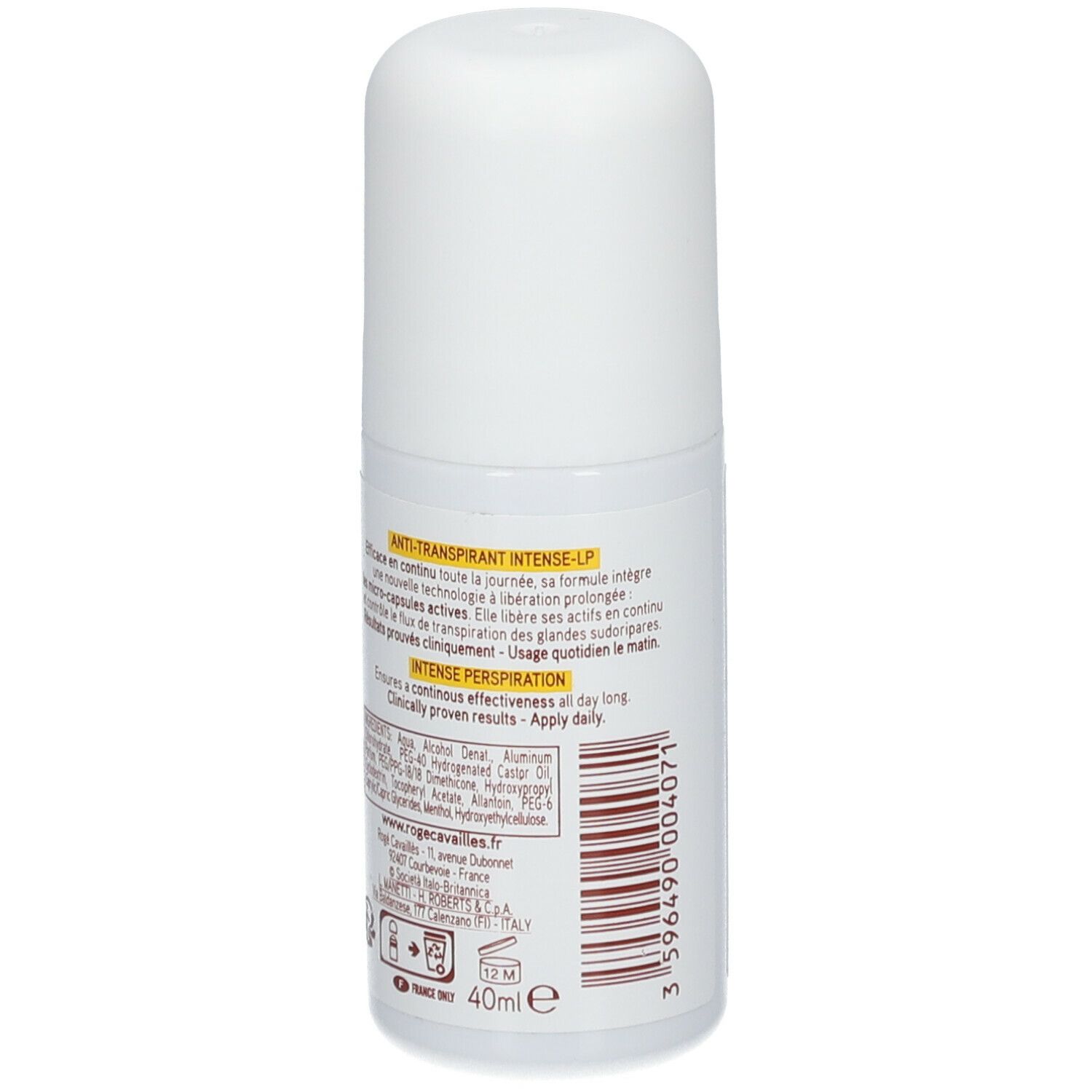 Weißer Roll-on-Deo von Rogé Cavaillès. Rückseite mit Text, Inhaltsstoffen und Logo.