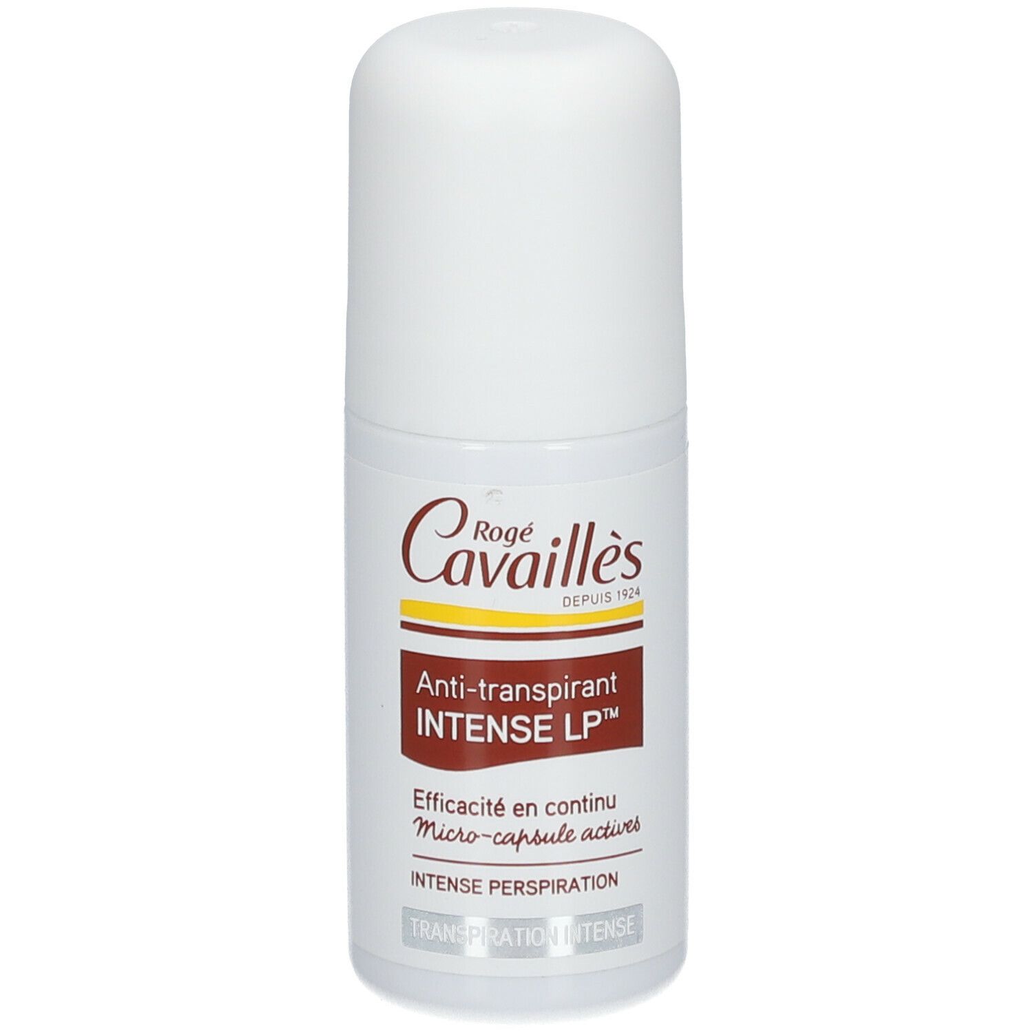 Weißer Roll-on-Deo von Rogé Cavaillès. Brauner Aufkleber mit Text: Anti-transpirant INTENSE LP.