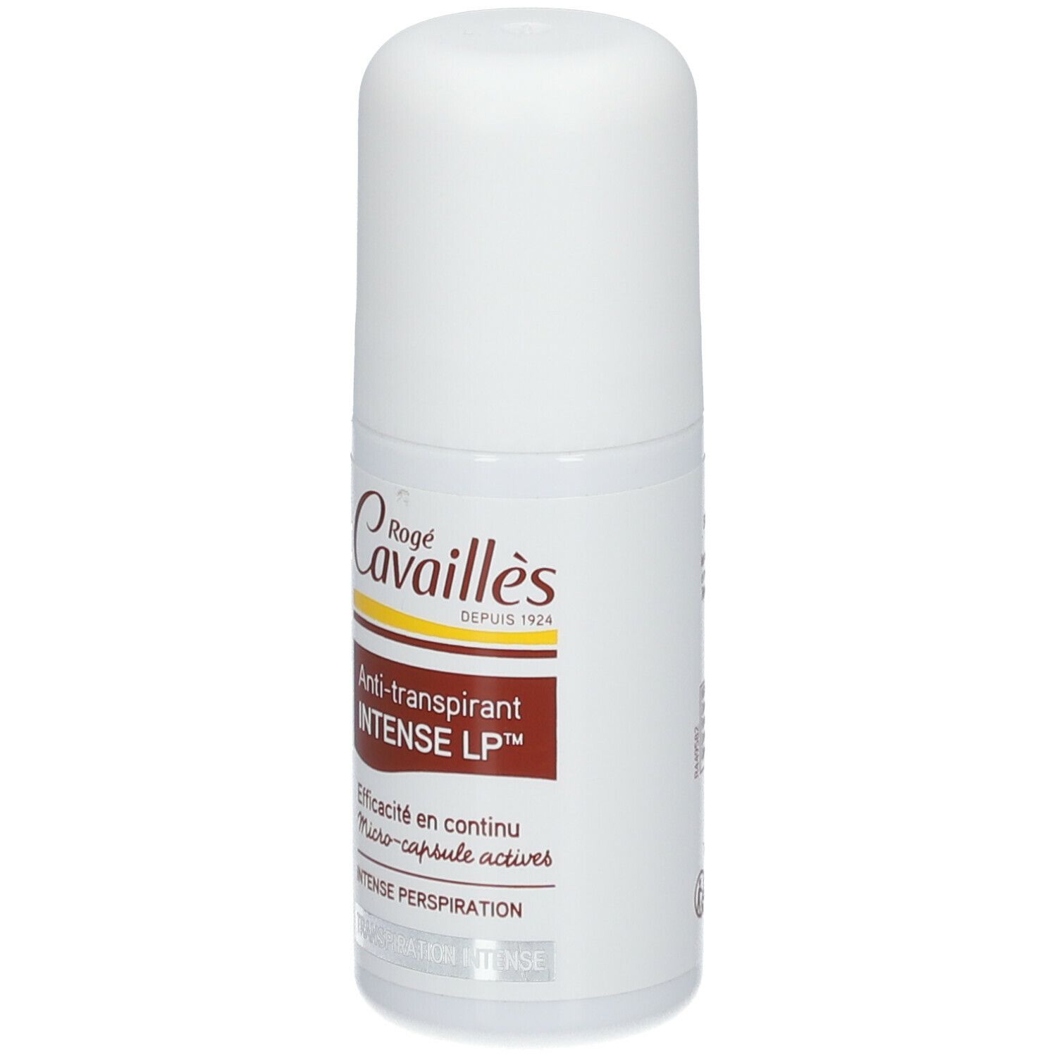 Weißer Roll-on-Deo von Rogé Cavaillès. Brauner Aufkleber mit Text: Anti-transpirant INTENSE LP.