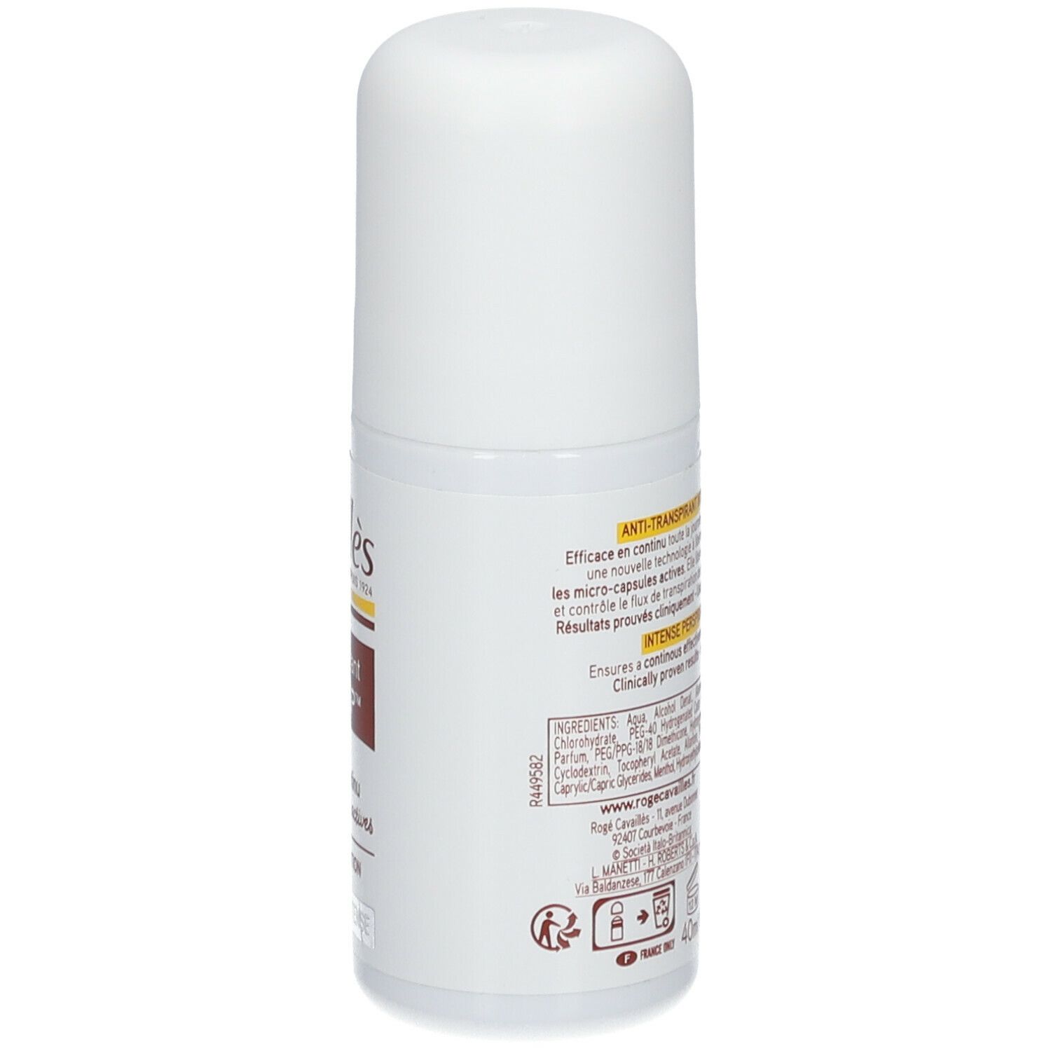 Weißer Roll-on-Deo von Rogé Cavaillès. Rückseite mit Text, Inhaltsstoffen und Logo.