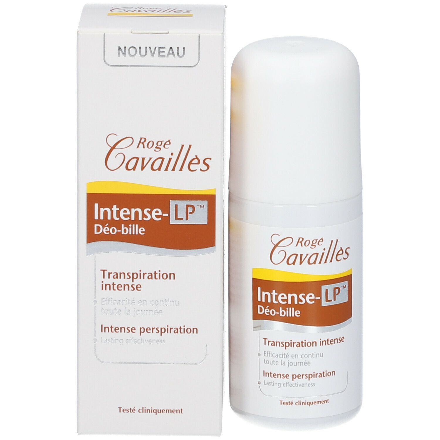 Rogé Cavaillès Intense-LP Deo-bille und Verpackung. Weißes Produkt mit brauner Schrift.