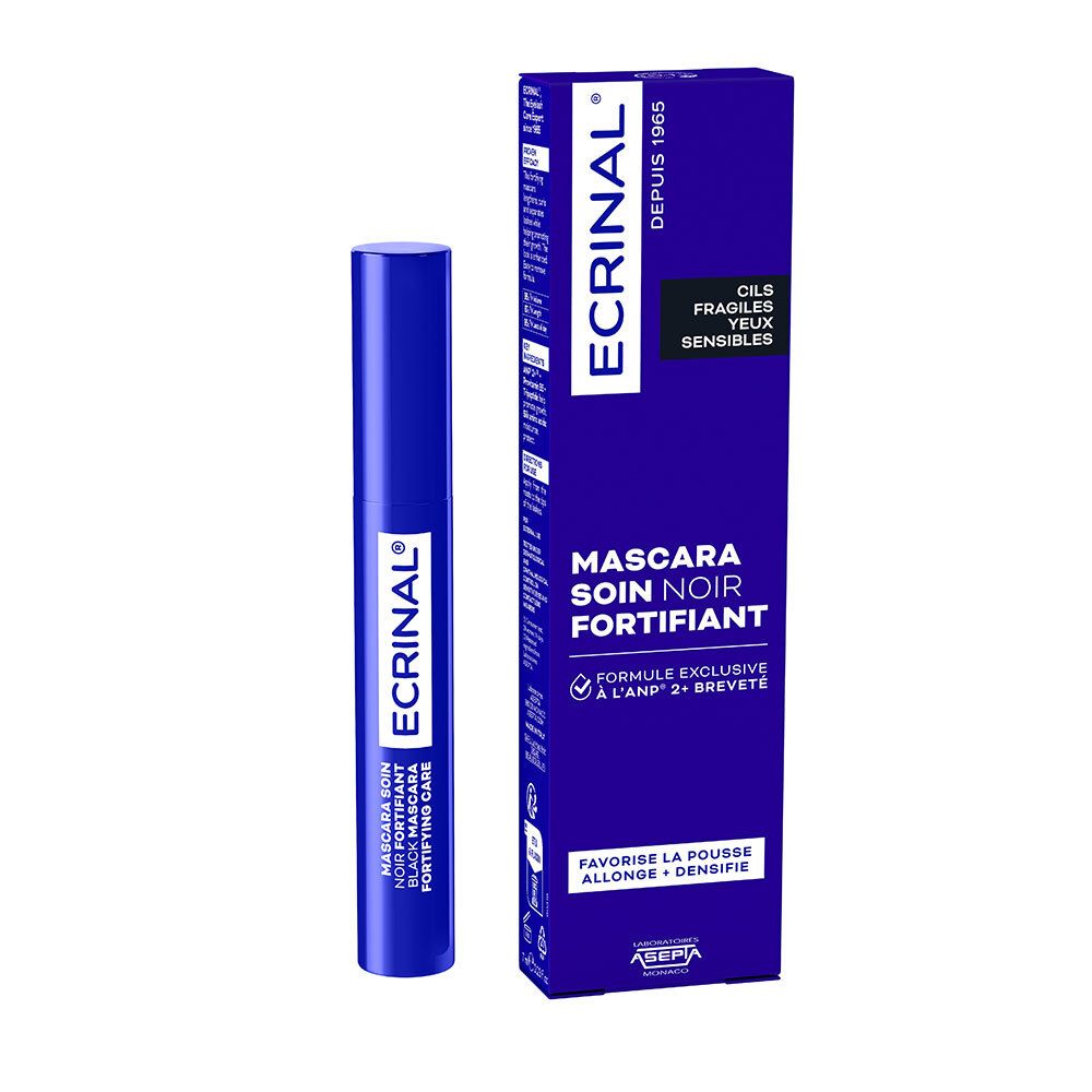 Ecrinal Mascara, stärkend, schwarz, blaues Fläschchen und Faltschachtel.