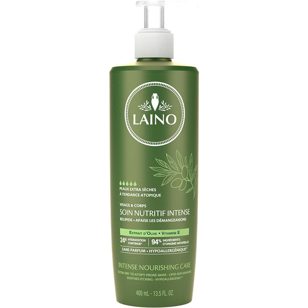 Grüne Flasche mit Pumpe. Aufschrift: Laino, Soin Nutritif Intense. Für trockene Haut. 400 ml.