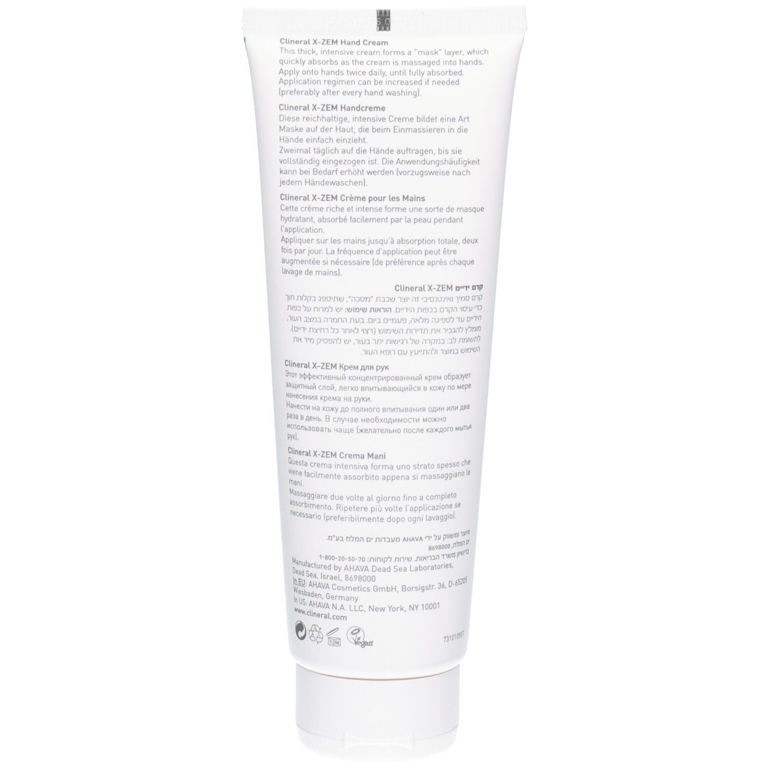 Rückseite der Clineral X-ZEM Hand Cream Tube. Text in mehreren Sprachen. Enthält Informationen zur Anwendung und Inhaltsstoffe.