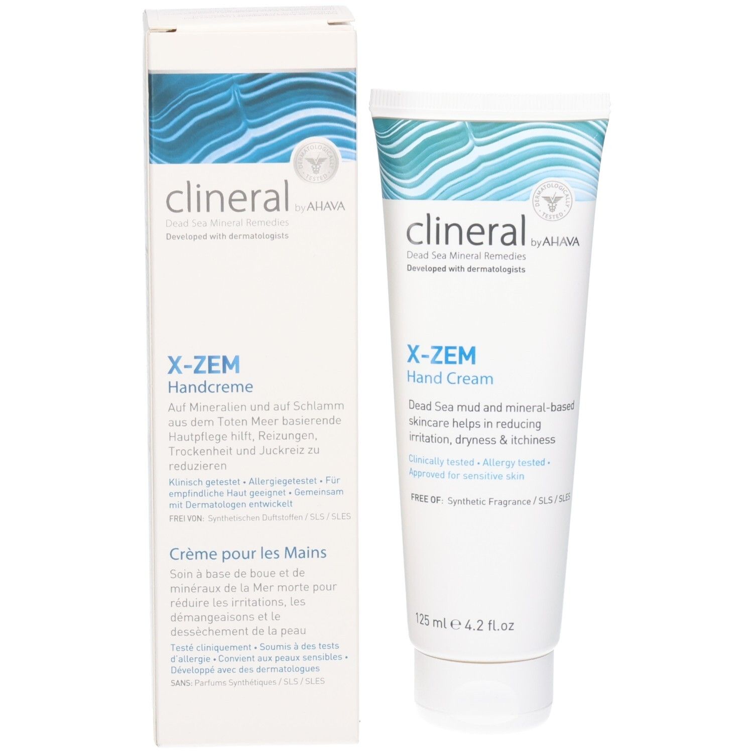 Clineral X-ZEM Handcreme, Tube und Verpackung. Weiß, blaue Wellen. Text: X-ZEM, Handcreme, Dead Sea Mineral Remedies.