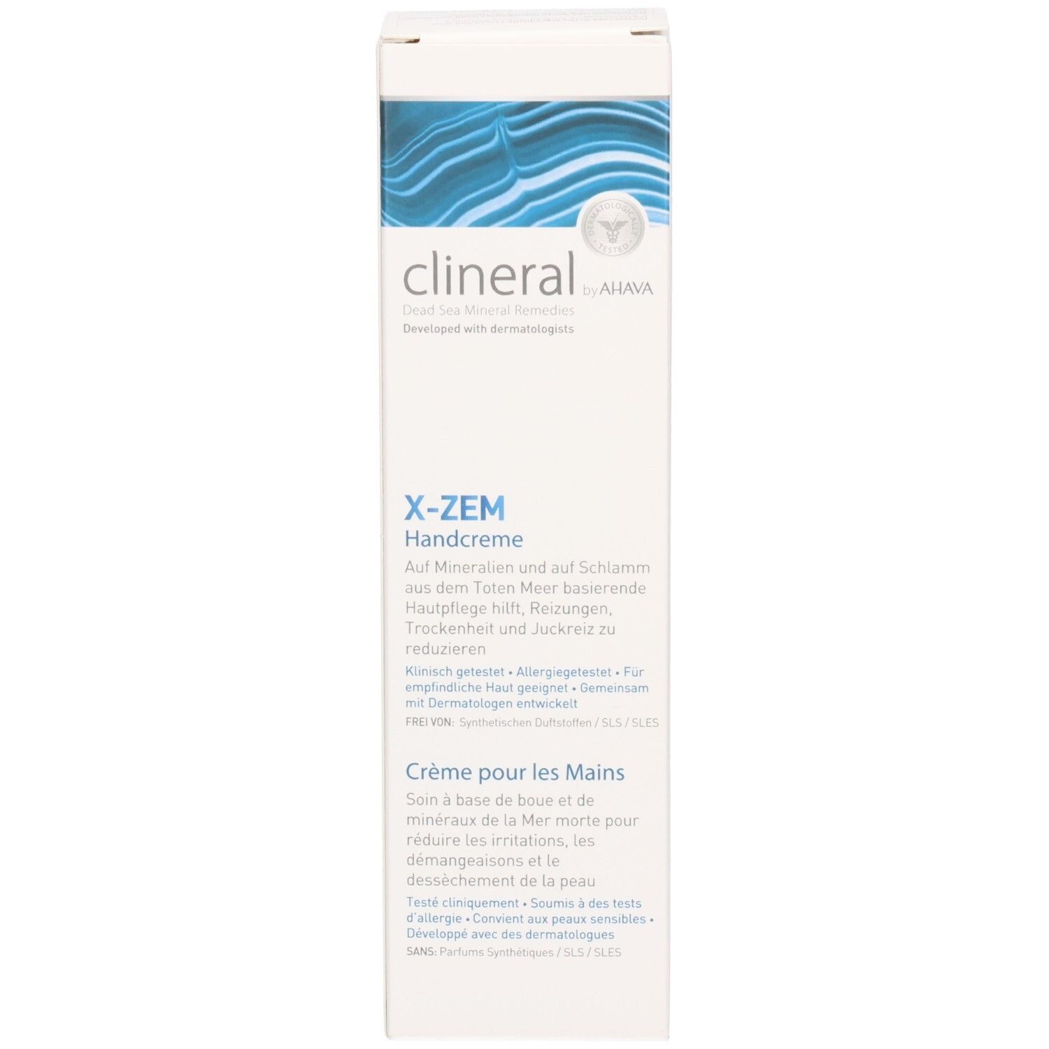 Verpackung der Clineral X-ZEM Handcreme. Weiß, blaue Wellen. Text: X-ZEM Handcreme, Informationen zur Anwendung und Inhaltsstoffe.