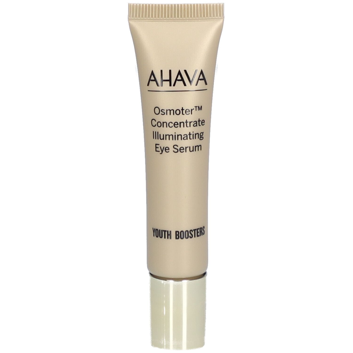 Beige Tube mit AHAVA-Logo und Produktbezeichnung. Enthält Osmoter Concentrate Illuminating Eye Serum.