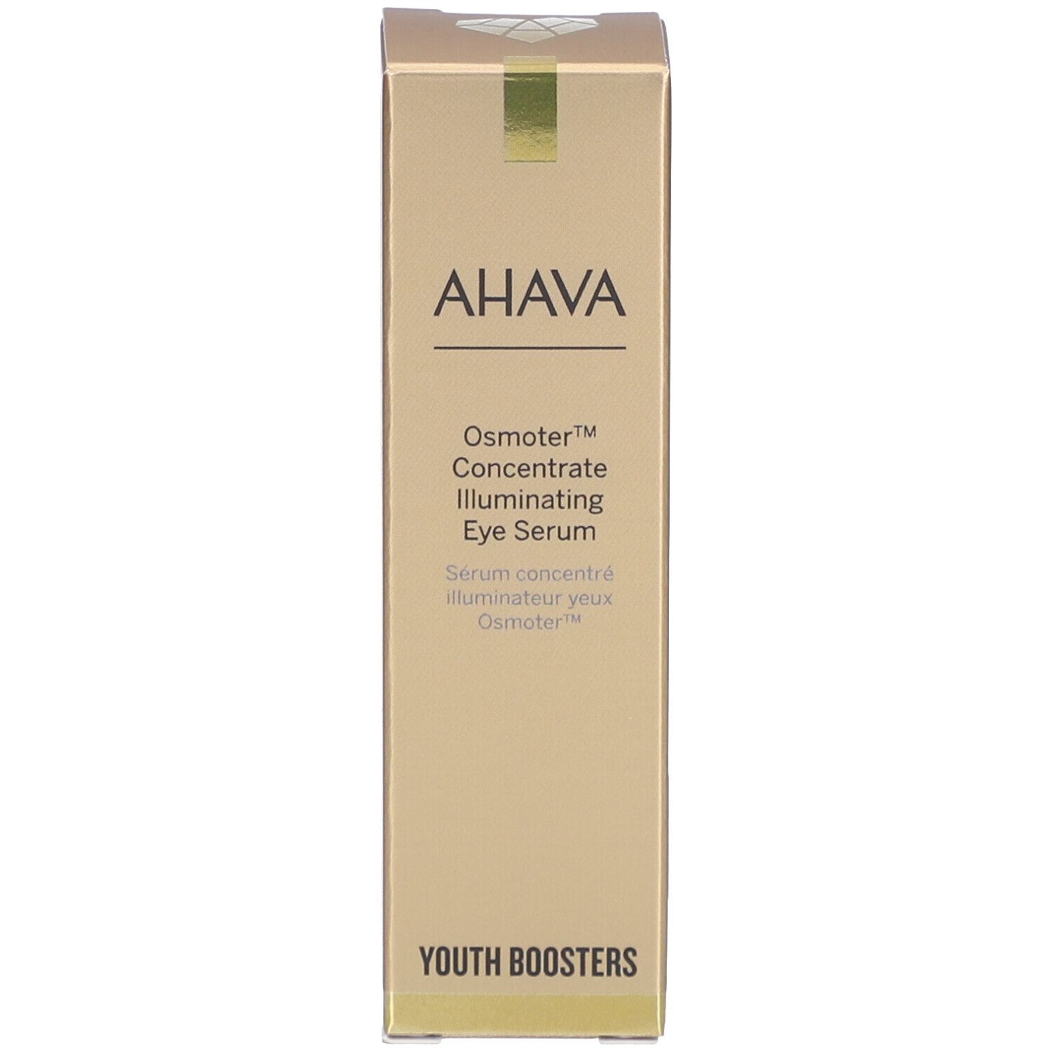 Goldfarbene Schachtel mit AHAVA-Logo und Produktbezeichnung. Enthält Osmoter Concentrate Illuminating Eye Serum.