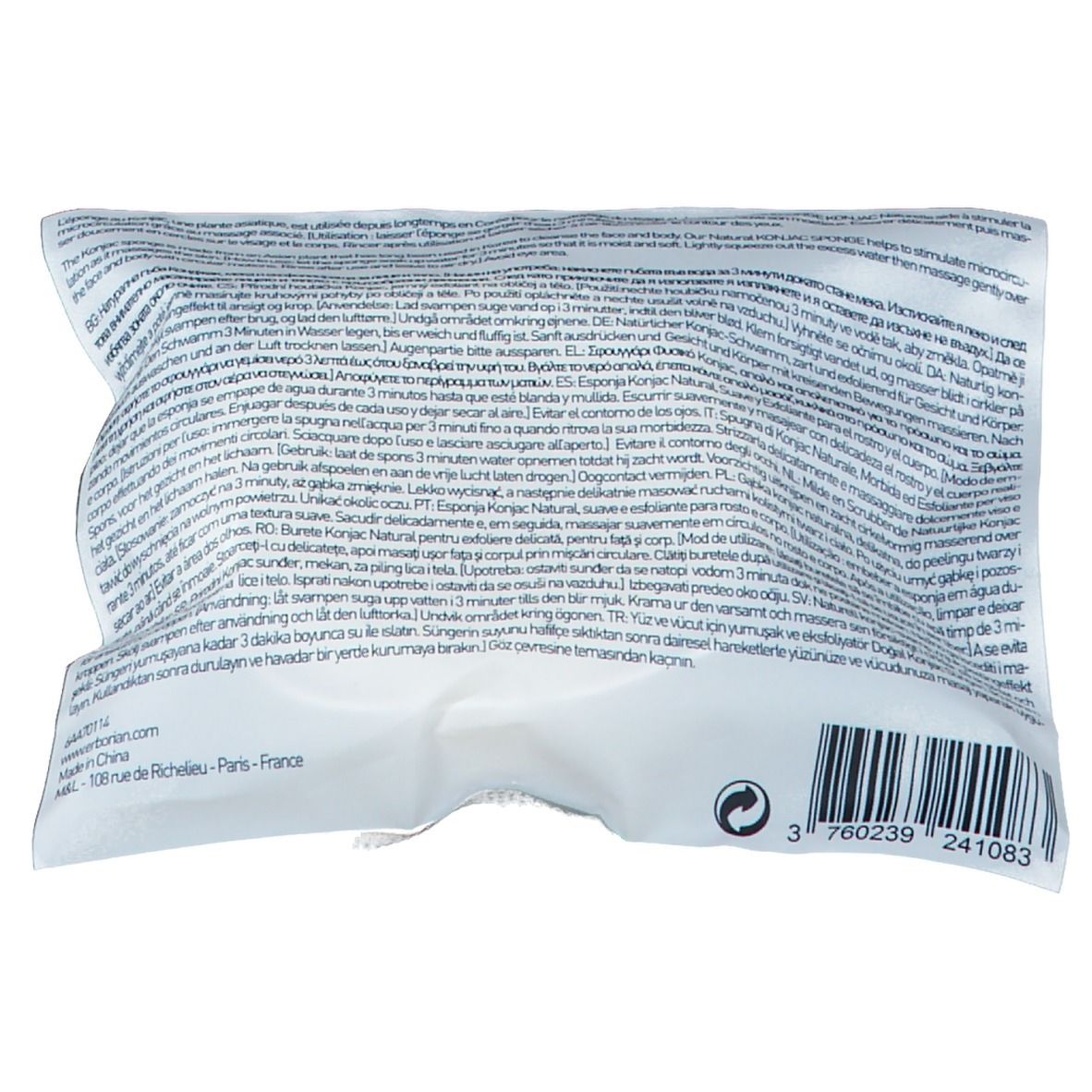 Verpackung mit Text. Barcode und Logo. Adresse: 106 rue de Richelieu - Paris - France.
