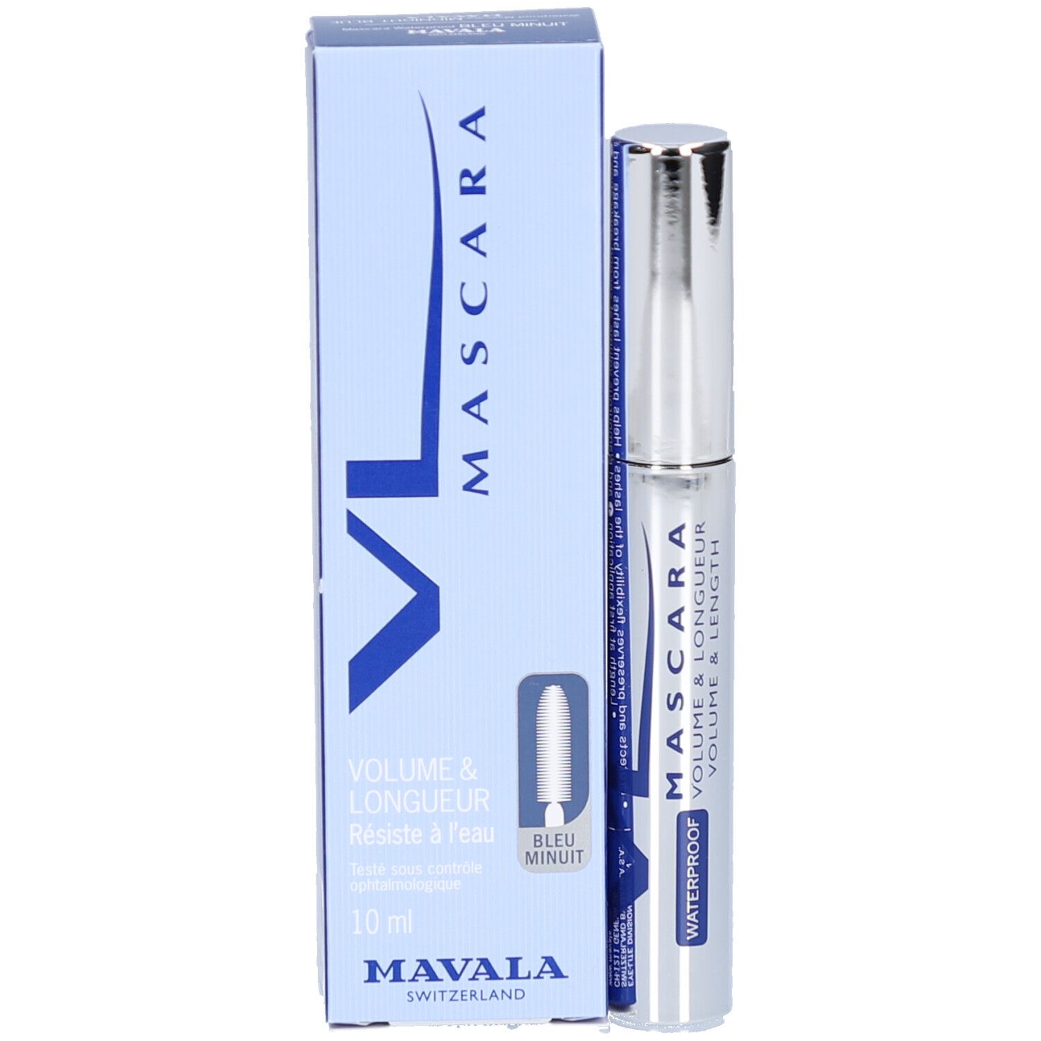 Mascara-Verpackung und -Hülse. Verpackung blau, rechteckig. Hülse silber. Text: MAVALA, Mascara, Volume & Longueur, Waterproof, Bleu Minuit, 10 ml.
