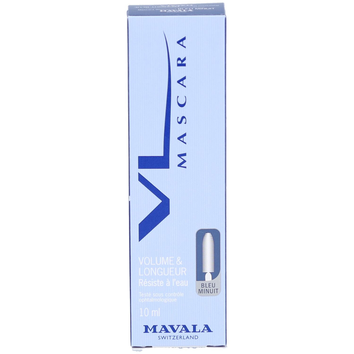 Blaue, rechteckige Mascara-Verpackung. Text: MAVALA, Mascara, Volume & Longueur, Bleu Minuit, 10 ml. Mit Applikator.