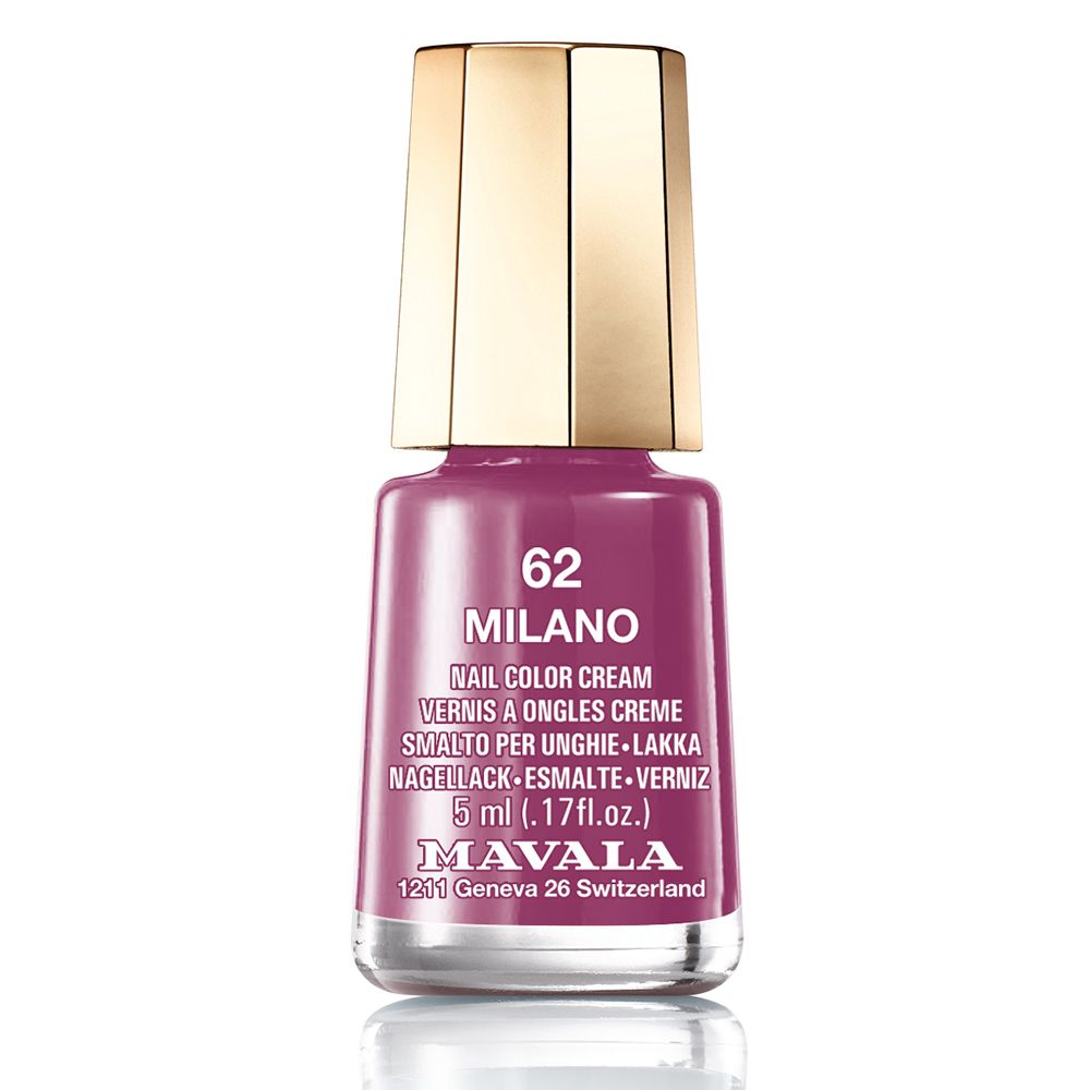 Nagellackflasche, Farbe 62 Milano, goldener Deckel. Enthält 5 ml. Marke Mavala.
