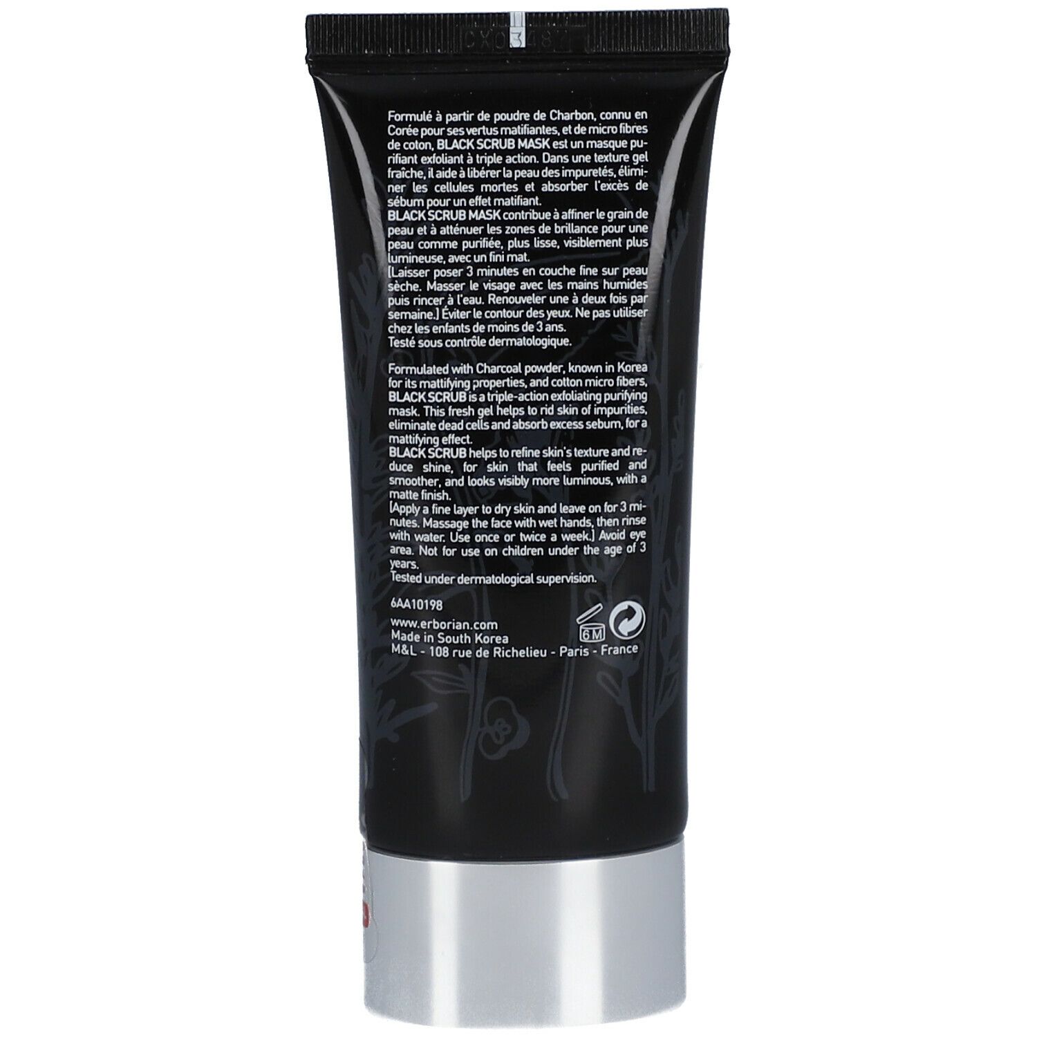 Rückseite der schwarzen Tube. Text in mehreren Sprachen. Erborian Black Scrub Mask. Inhaltsstoffe.
