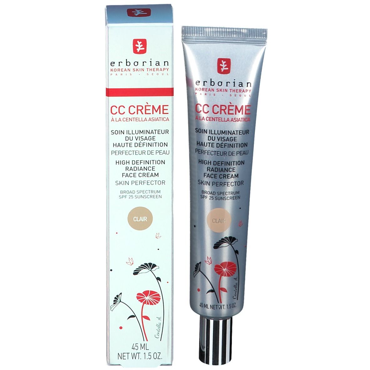 Erborian CC Crème in Schachtel und Tube. Text: CC Crème, Centella Asiatica, Haut perfektionierend, SPF 25. Farbe: Clear. Schachtel: 45 ml.