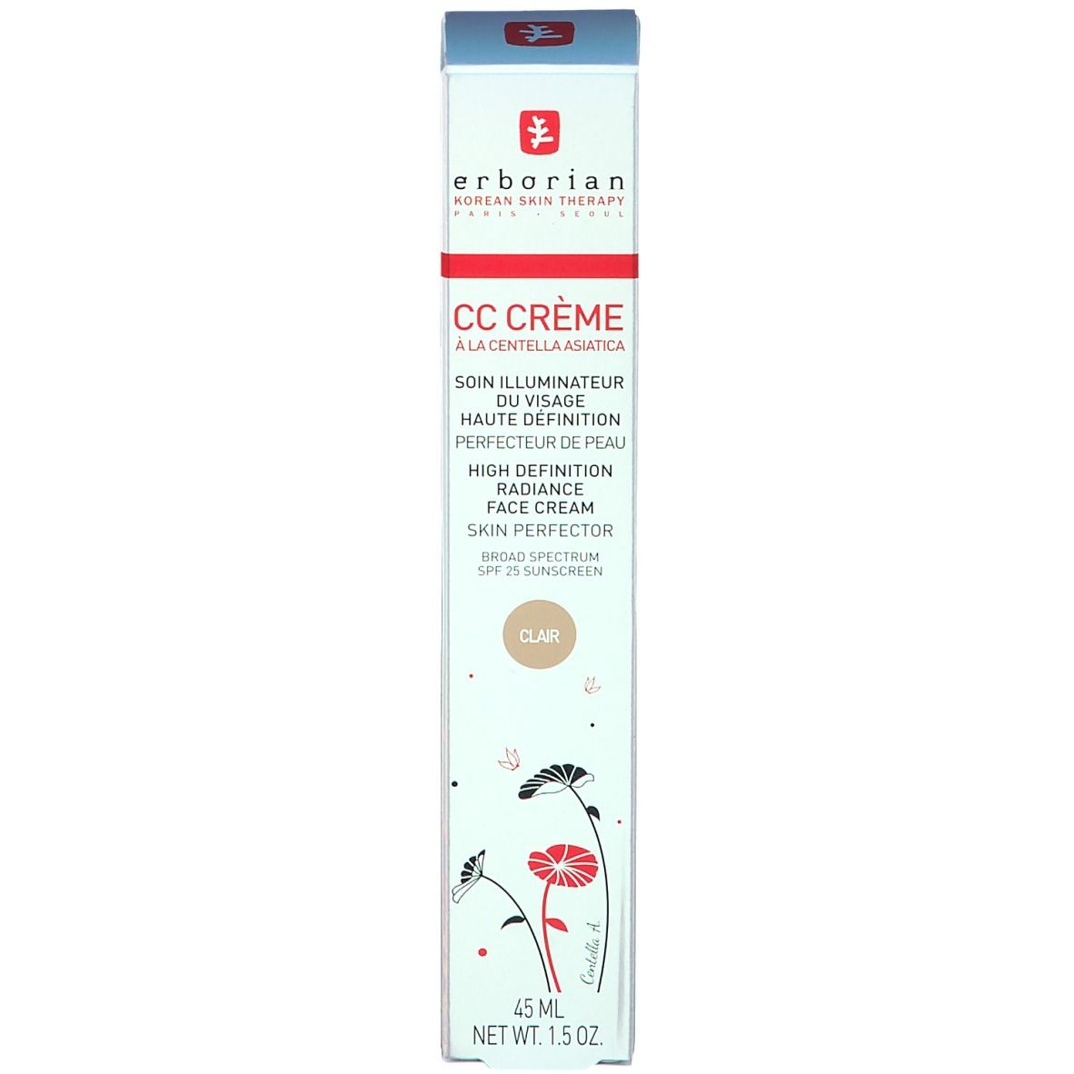 Erborian CC Crème in Schachtel. Text: CC Crème, Centella Asiatica, Haut perfektionierend, SPF 25. Farbe: Clear. Schachtel: 45 ml.