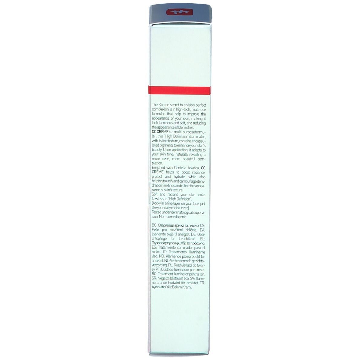 Schachtel mit Text. Produktname nicht sichtbar. Text in mehreren Sprachen. Roter Deckel.