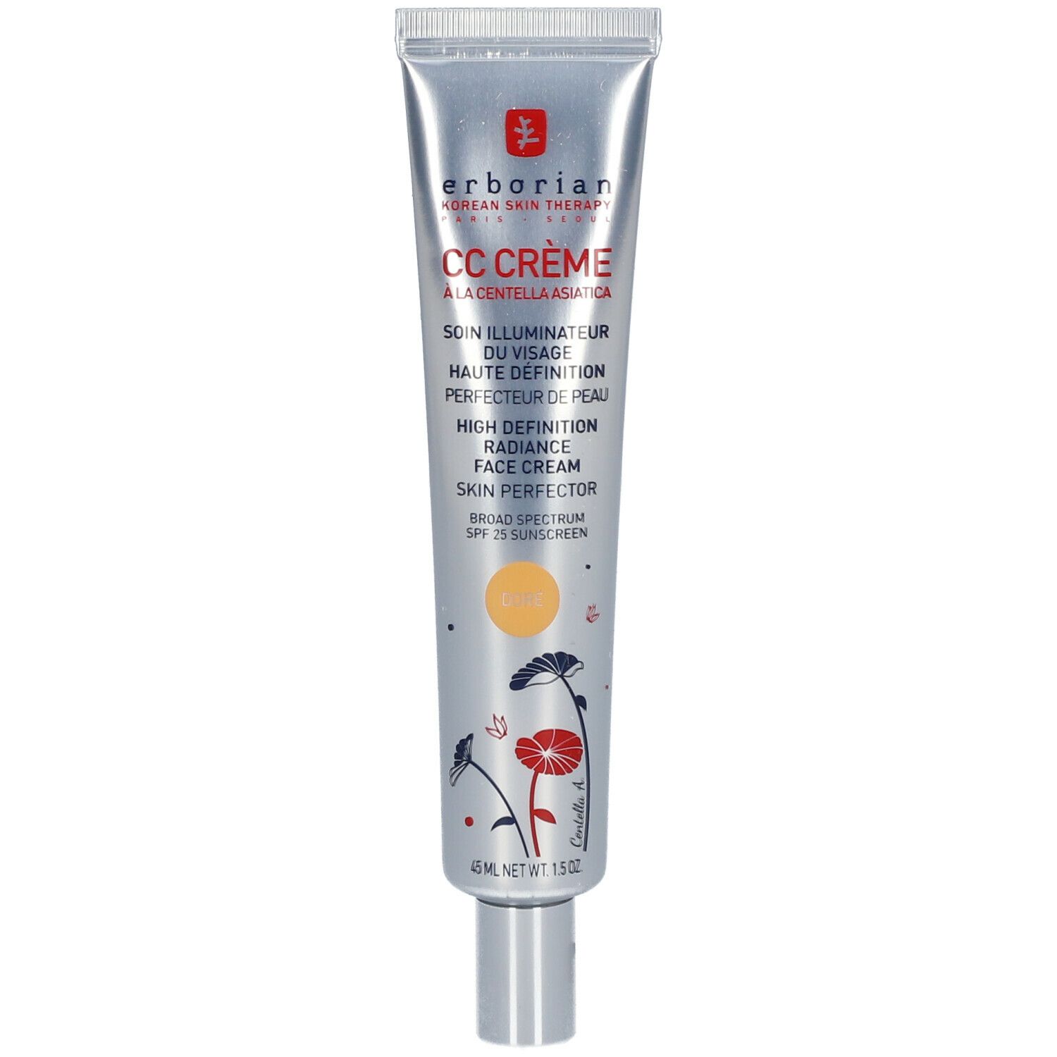 Silberne Tube mit CC Crème. Text: 'CC Crème', 'Soin Illuminateur du Visage', 'SPF 25'. 45 ml.