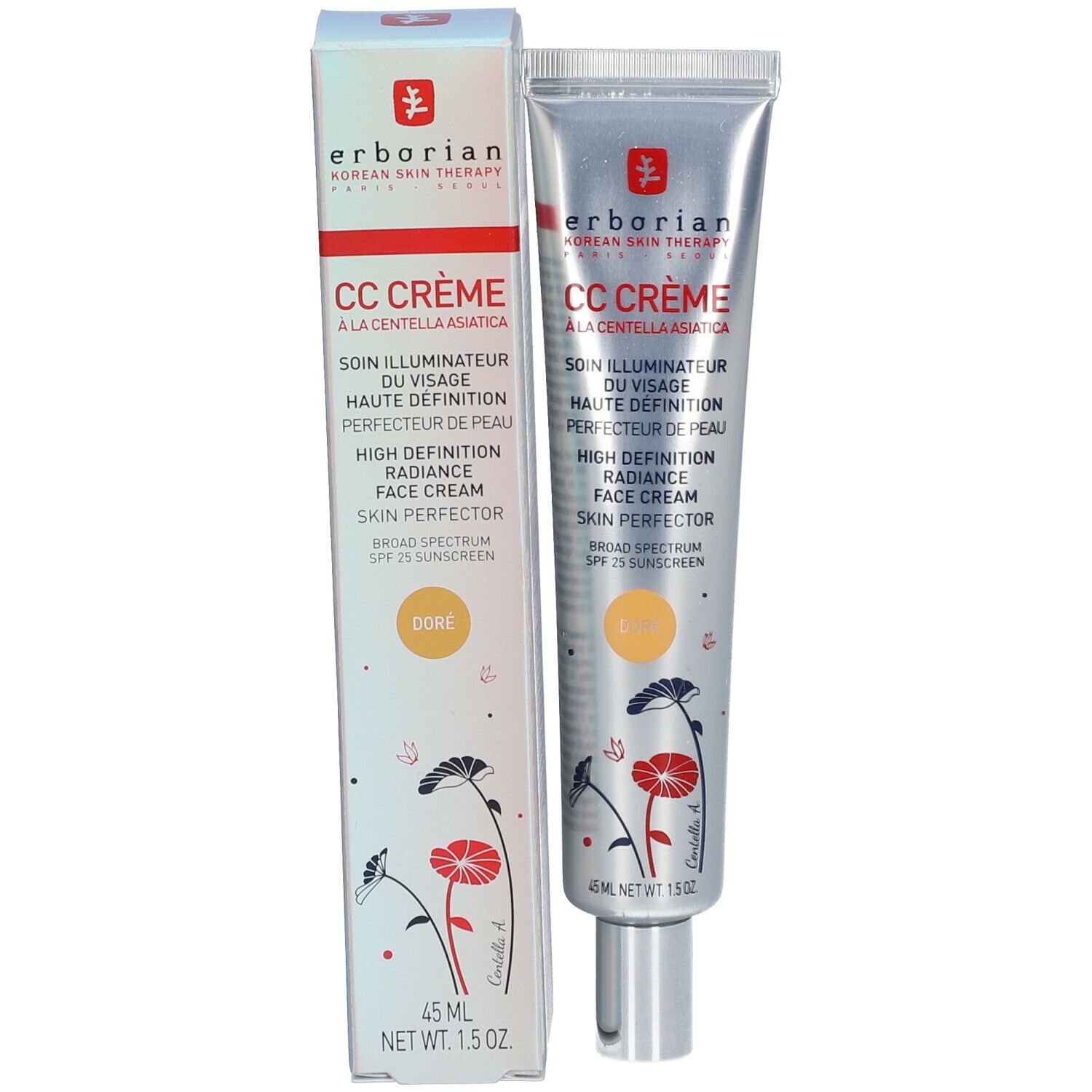Schachtel und Tube CC Crème. Schachtel: weiß, rot, Text. Tube: silber, Text, 45 ml.